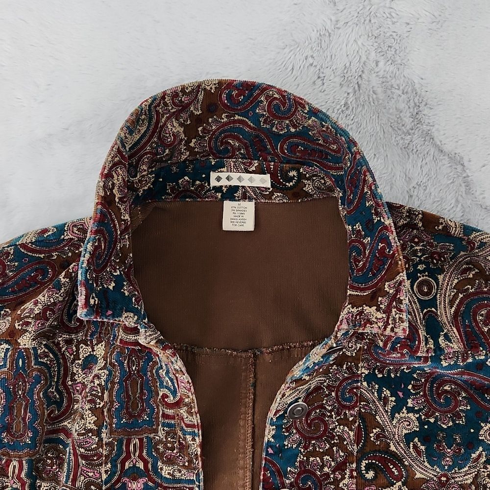 *Paisley Print Jacket Women’s Medium Brown Blue Button Front Stretch Blazer Boho - Picture 4 of 13